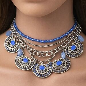 Charming Charlie Women Multi Strand Bead Necklace Silver - Blue Filigree Jewelry